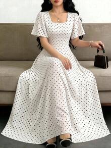 Celisse Polka Dot Red Tie-Waist Midi Dress - Black and White - View 3