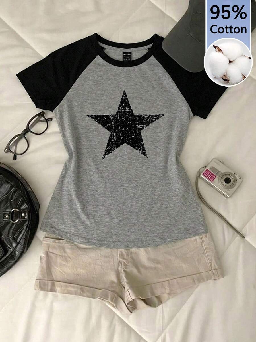 Attitoon 95% Cotton Black & Gray Contrast Raglan Sleeve Black Star Pattern Casual Minimalist Round Neck Short Sleeve Loose Fit Women's T-Shirt, Suitable For Summer - Multicolor - View 1