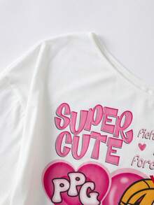THE POWERPUFF GIRLS X SHEIN Women's Letter Cartoon Print Asymmetric Shoulder T-Shirt - White - View 5
