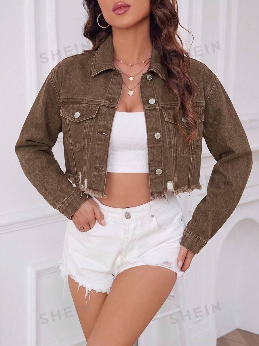 SHEIN ICON 水洗做舊短版牛仔夾克 - 咖啡棕 - 查看 1