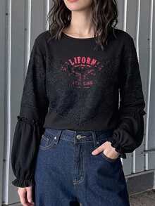 FRIFUL 女款蕾絲拼接字母印花休閒頹廢哥德風日常夜店 T-shirt，黑紅配色夏季圖案短袖上衣 - 黑色 - 查看 3