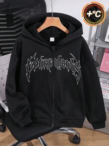 SHEIN 兒童青少年男孩街頭風哥德字母印花黑色拉鍊連帽衛衣，秋季款 - 黑色 - 查看 3