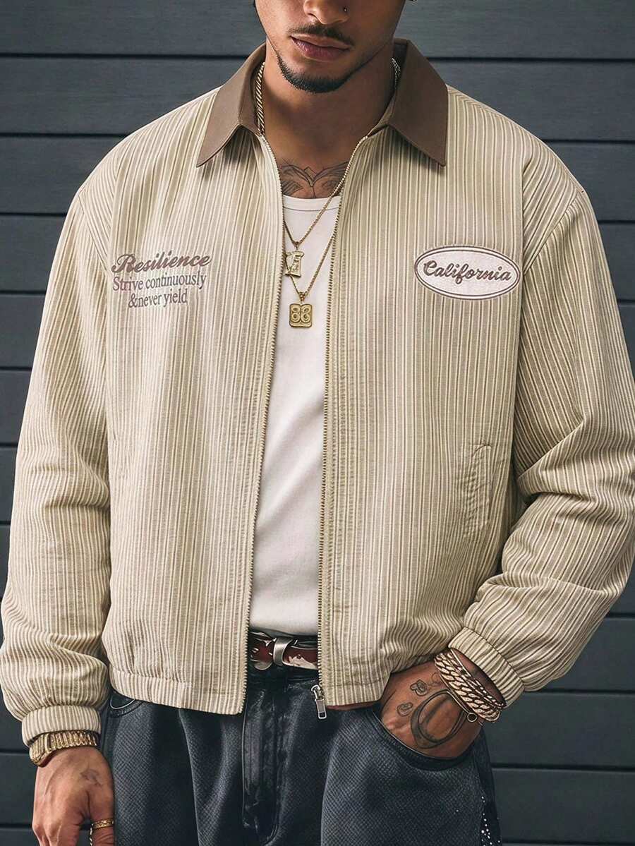 AXEPEAK Chaqueta casual a rayas para hombre, primavera y otoño - Caqui - Ver 1