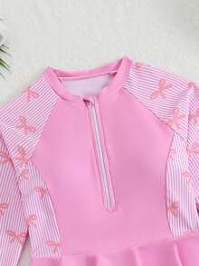 SHEIN 青少年女孩坦基尼泳衣（大號）細肩帶比基尼上衣，保守粉色垂直條紋蝴蝶結針織面料，長袖長褲拉鍊裙 2 件套，時尚休閒優雅成熟女士風，適合游泳、夏季度假、海灘、海邊、泳池、夏季假期、派對、休閒度假 - 彩色 - 查看 3