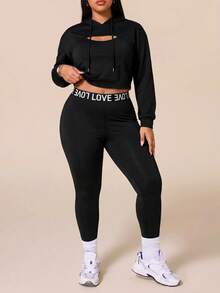 SHEIN Velisys Women's Plus Size Drawstring Hooded Cropped Sweatshirt And Letter Waistband Leggings Sports Set Fall - Black - View 5