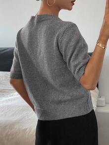 Livesso Tall Women's Round Neck Short Sleeve Heart Decor Pullover Sweater Autumn Date Holiday Gray Casual Romantic - Grey - View 2
