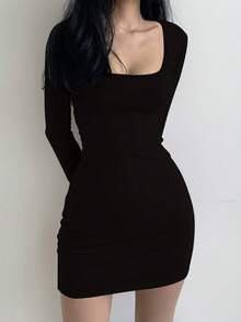 Dazy Tall Gaun Kasual Seksi Pendek Pas Badan Lengan Panjang Leher Persegi Wanita Musim Gugur - Hitam - View 4