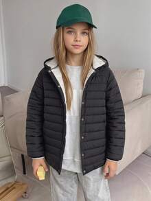 Hapijoa Tween Girl Solid Color Single-Breasted Casual Winter Padded Coat - Black - View 10