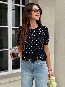 Serisse Women's Polka Dot Casual Versatile Daily Wear Knit Top - Black - View 5