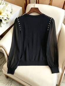 GlowEve Autumn Elegant Pearl Decor Chiffon Patchwork V-Neck Button-Down Lantern Long Sleeve Women's T-Shirt - Black - View 2