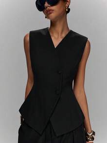LYSMO Women's Metal Button Design Sleeveless Jacket And Single-Breasted Vest Suit Set - Black - View 4