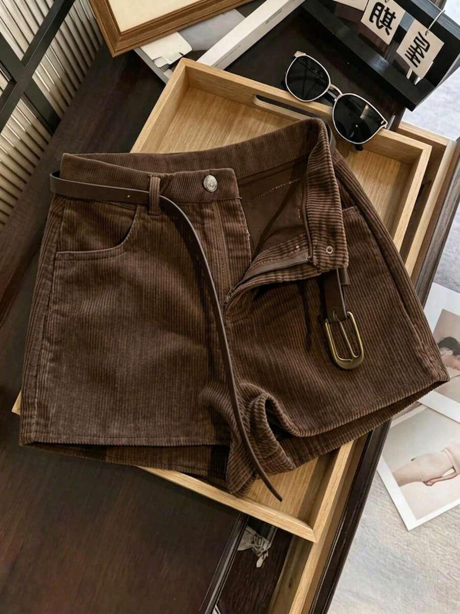 GlowEve Women's Casual Retro Corduroy Shorts - Coffee Brown - View 1