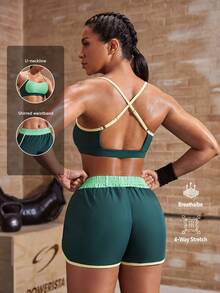 Powerista Conjunto deportivo de sujetador y pantalones cortos con bloques de color para mujer, verde y amarillo, para correr, fitness, entrenamiento, casual, moda, verano, otoño, gimnasio, transpirable, para salir, espalda descubierta - Verde - Ver 3