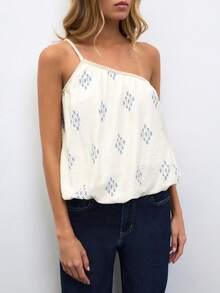 Nöista Top blanco de un hombro con estampado geométrico. Verano, otoño, casual, para salir, estilo resort. - Amarillo claro - Ver 1