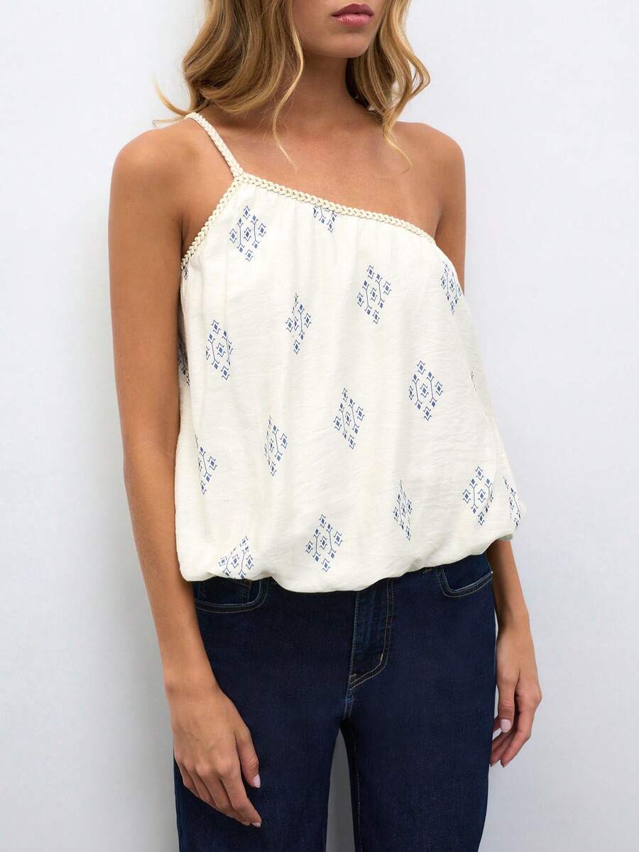 Nöista Top blanco de un hombro con estampado geométrico. Verano, otoño, casual, para salir, estilo resort. - Amarillo claro - Ver 1