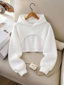 SHEIN Sudadera holgada minimalista de unicolor cómoda y casual con hombros caídos y relajada para niñas preadolescentes, para volver al colegio en otoño/invierno - Blanco - Ver 1