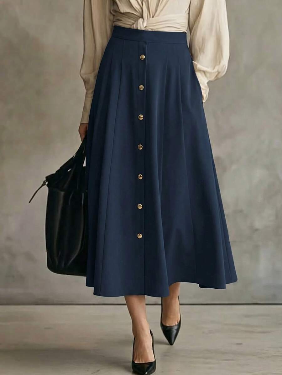 Franclia 简约浪漫优雅法式休闲百搭女式半身裙 白色毕业裙 夏季服装 休闲装扮 春季大学校园服装 秋季女装 - 藏蓝色 - 查看 1