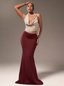 Hauture Plus Size High Waist Maxi Skirt - Burgundy - View 3