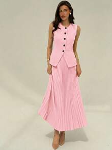 Aloruh Conjunto de 2 piezas para mujer con top sin mangas con botones delanteros y minifalda de unicolor para otoño/invierno - Rosa Pálido - Ver 8
