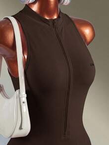 Amplova Women's Simple Zip-Up Drawstring Waist Sports Jumpsuit, Summer Spring&Summer Workout Exercise And Body Shaping, High Elasticity - Coffee Brown - View 4