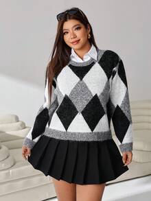 Solflare Plus Size Women's Diamond Pattern Crew Neck Long Sleeve Casual Pullover Sweater - Multicolor - View 6