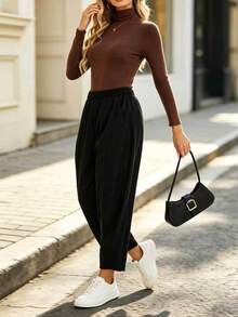 SHEIN LUNE Women's Autumn/Winter New Vintage Black Corduroy Carrot Pants, Elastic Waist Split Patchwork Loose Hip-Covering Slimming Ankle-Length Harem Casual Pants - Black - View 1