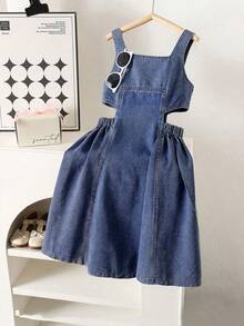 SHEIN Girls' Stylish Denim Suspender Dress, New Summer Design Princess Dress For Children - Dark Wash - View 3