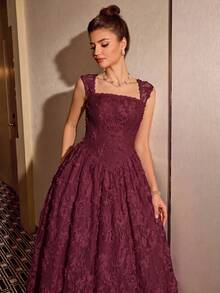 Poshira Women's Jacquard Elegant Waist-Cinching Ball Gown Dress - Burgundy - View 4