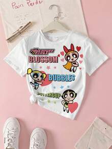 THE POWERPUFF GIRLS X SHEIN 青少年女孩字母卡通印花圓領休閒日常短袖T恤 - 白色 - 查看 7