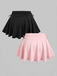SHEIN 青少年女孩黑色與粉色2件套休閒極簡風抓皺腰A字裙搭配內搭褲，演唱會穿搭 - 彩色 - 查看 2