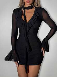 SHEIN ICON Women's Black Autumn Party Mesh Ruffle Sexy Date Mini Dress - Black - View 5