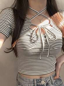 FRIFUL Women's Summer New Solid Color Ruched Drawstring Bowknot Cinched Waist Casual Versatile T-Shirt Cute Tops - Black - View 7