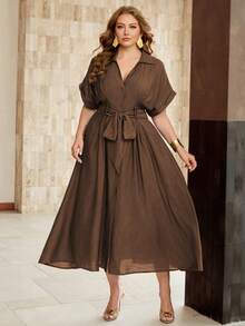 Roveilla Women's Plus Size Single-Ply Bamboo Linen Brown Shirt Collar V-Neck Waist Darted Side Seams Tie Bow Cuffed Short Sleeve Long Dress Formal Vacation - Coffee Brown - View 3