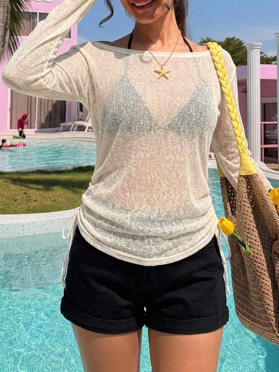 Livesso Baju Penutup Pantai Wanita dengan Tali Serut Samping untuk Liburan Musim Gugur - Putih - View 1
