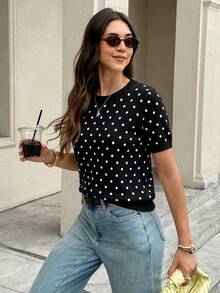 Serisse Women's Polka Dot Casual Versatile Daily Wear Knit Top - Black - View 4