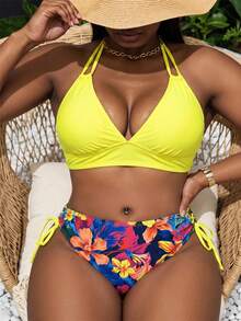 Swim Lushoire Traje de baño de 2 piezas para mujer talla grande con top halter de cuello en V color liso & Bottom de bikini triángulo con cordón estampado para vacaciones y playa - Multicolor - Ver 4