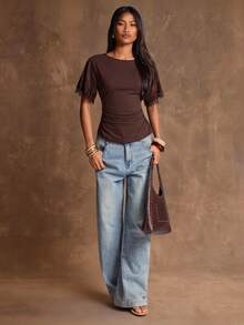 SHEIN BAE Atasan Wanita Lengan Pendek Leher Bulat Warna Cokelat Polos Musim Semi/Panas - Coklat - View 6