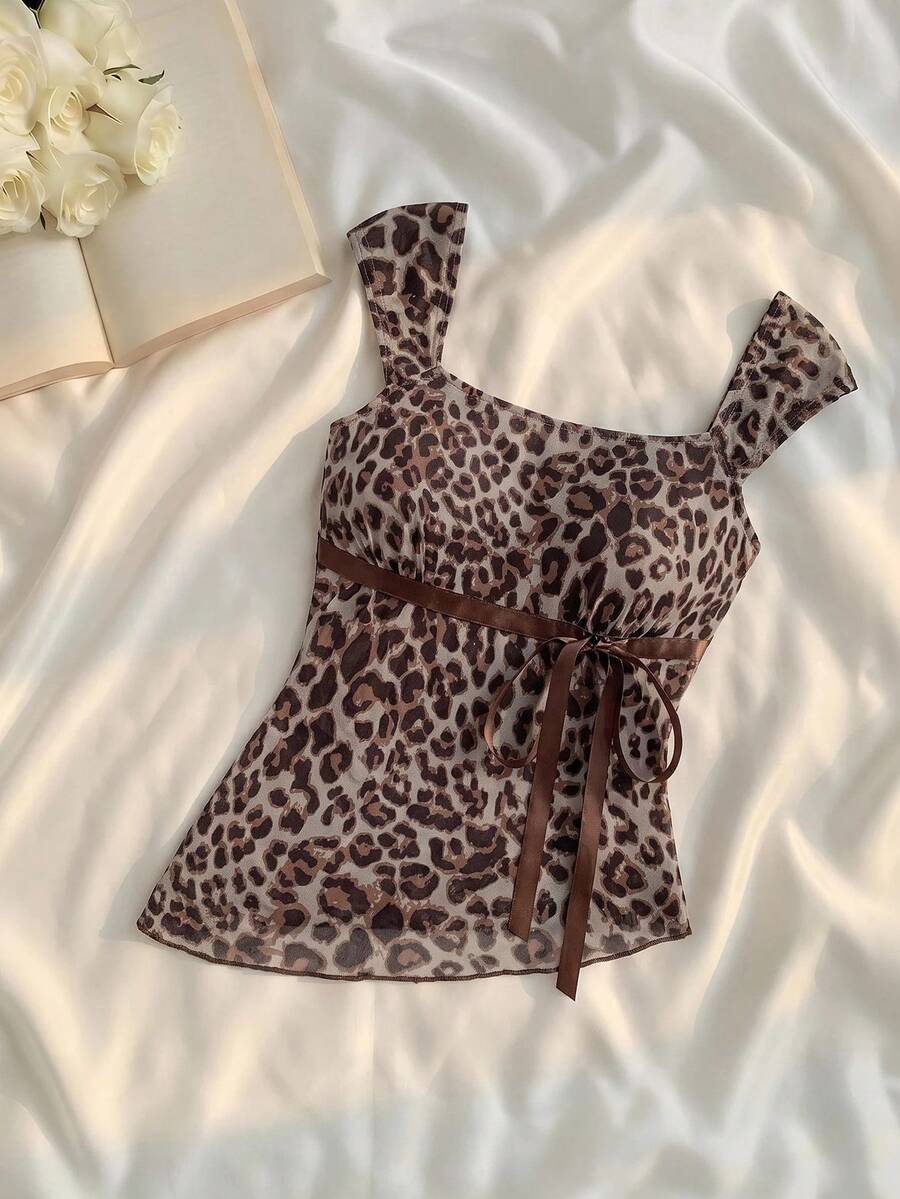SHEIN MOD Bow Asymmetric Ruched Mesh Grey Leopard Print Print Top Club Night Summer Sexy - Brown - View 1
