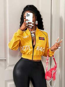BamGleam Women's Letter Pattern Long Sleeve Zip-Up Baseball Jacket - Yellow - View 4
