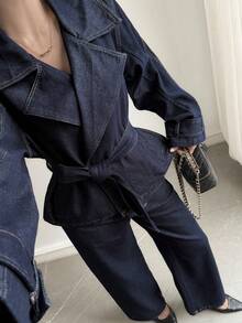 DAZY Setelan Denim Kasual Musim Gugur: Mantel Trench Pendek Wanita dan Celana Panjang Lurus - Dark Wash - View 2