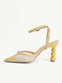 CUCCOO CHICEST Women's Shoes Rhinestone Bow Mesh Pointed Alien Heel French Fresh Light Yellow Patent Leather Women's Back Empty High Heels Commuter Dating - Yellow - View 11