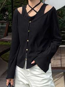 FRIFUL Women's Early Autumn New Korean Style Cross-Tie Neckline Open Shoulder Bell Sleeve 2 Pieces Set Lounge Sets For Women - Black - View 5