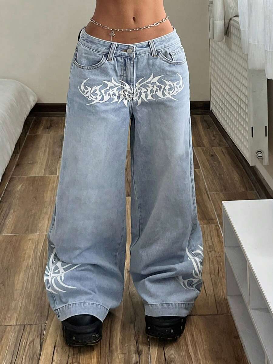 StreetHx Celana Jeans Ukuran Besar Kasual Model Washed Pinggang Rendah Kaki Lebar - Biru - View 1