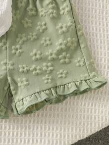 SHEIN Vintaside Kids Baby Girl Cute Jacquard Top & Jacquard Shorts Set, Spring/Summer Baby Girl Summer Outfits White And Green Baby Outfit - Multicolor - View 7