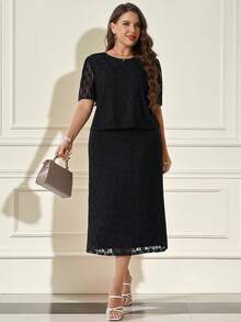 Miaspire Plus Size Women's Summer Elegant Casual Lace Blouse And Skirt 2-Piece Set, Black - Black - View 9
