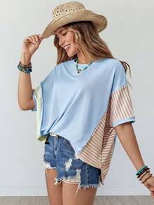 Wildy American Casual Tropical European Boho Western Country Light Blue Patchwork Women's Spring/Summer Daily Vacation Basic Loose Top T-Shirt Outing Picnic - Baby Blue - View 8