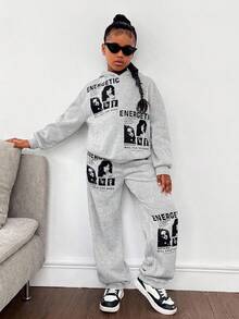 SHEIN 带有肖像和口号图案印花的 Tween Girls 宽松连帽衫和运动裤套装 - 灰色 - 查看 5