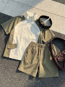 SHEIN Little Byeori 男童舒适日常宽松韩版时尚条纹衬衫配撞色短裤套装（2件套），适合春夏季节日常穿着、运动、郊游、上学、聚会、节日、拍照、返校季等场合。 - 軍綠色 - 查看 8