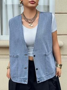 Dazy Plus Light-Wash Blue Two-Tone Loose Fit Sleeveless Denim Vest With Large Pockets And Button Front - Light Wash - View 8