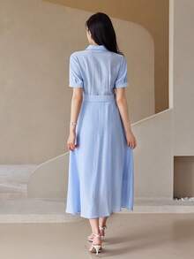 DAZY Spring Summer Autumn Short Sleeve Striped Shirt Dress Women's New Waist-Cinching Dress - Blue - View 2